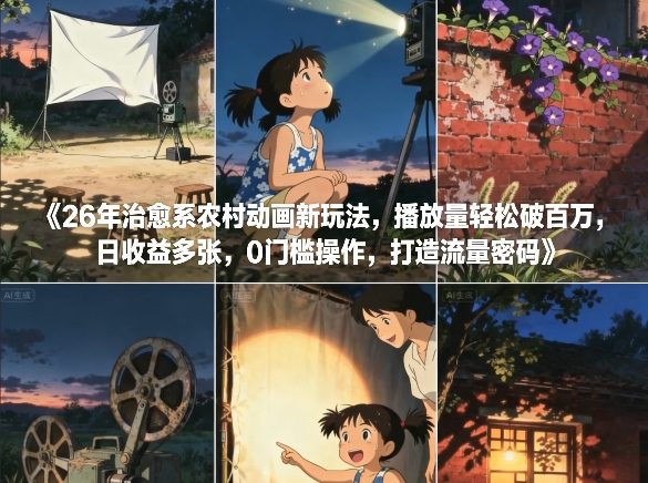 26年治愈系农村动画新玩法，播放量轻松破百万，日收益多张，0门槛操作，打造流量密码-钱途社
