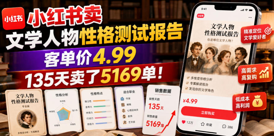 小红书卖文学人物性格测试报告，客单价4.99，135天卖了5169单！-钱途社