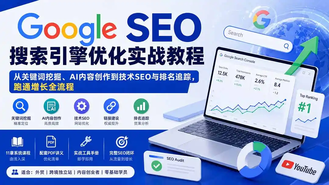 Google SEO搜索引擎优化实战教程：从关键词挖掘、AI内容创作到技术SEO与排名追踪，跑通增长全流程-钱途社