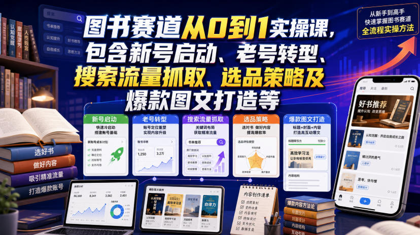 图书赛道从0到1实操课，包含新号启动、老号转型、搜索流量抓取、选品策略及爆款图文打造等-钱途社