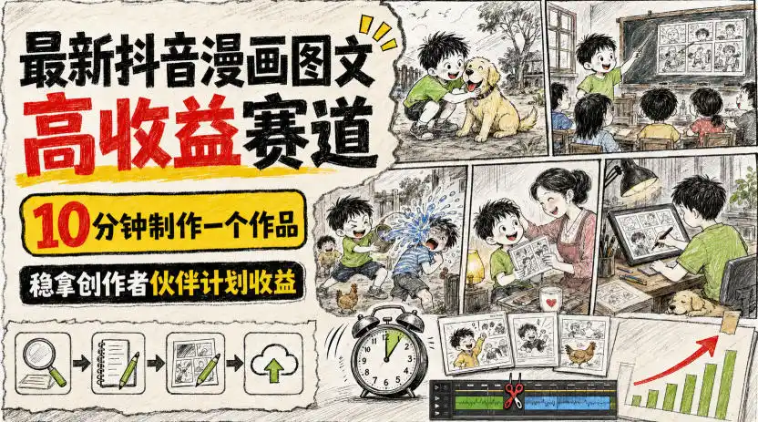 最新抖音漫画图文高收益赛道，10分钟制作一个作品，稳拿创作者伙伴计划收益-钱途社