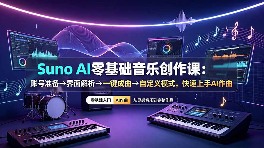 Suno AI零基础音乐创作课：账号准备→界面解析→一键成曲→自定义模式，快速上手AI作曲-钱途社