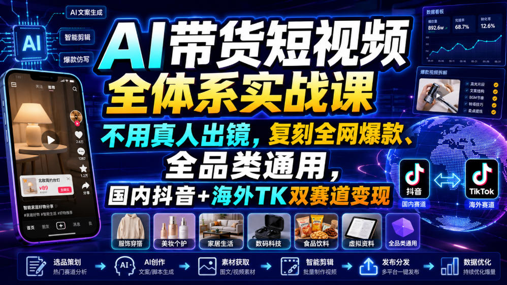 AI带货短视频全体系实战课，不用真人出镜，复刻全网爆款、全品类通用，国内抖音+海外TK双赛道变现-钱途社